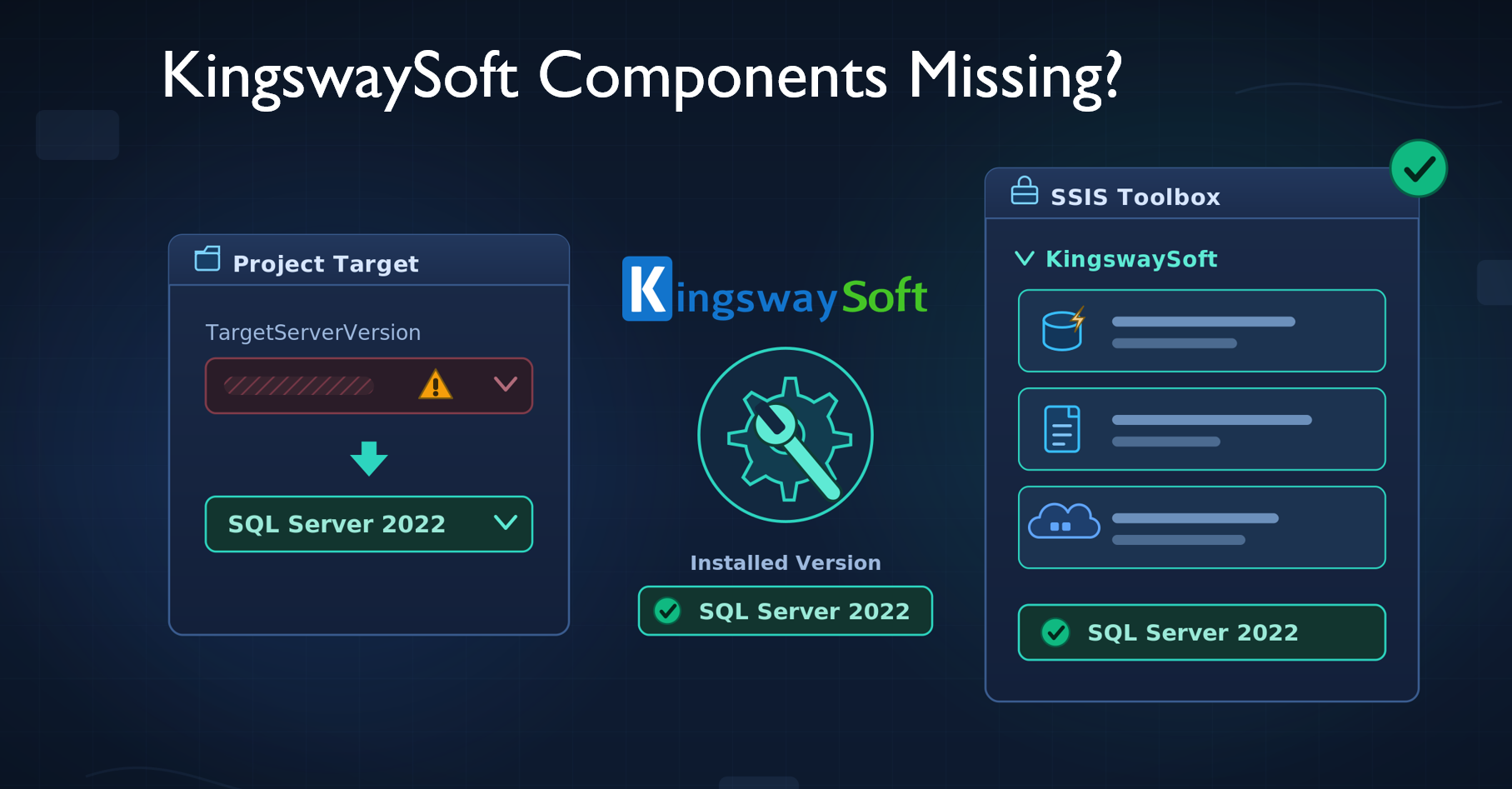 KingswaySoft components missing from the SSIS Toolbox? Check your project's target version