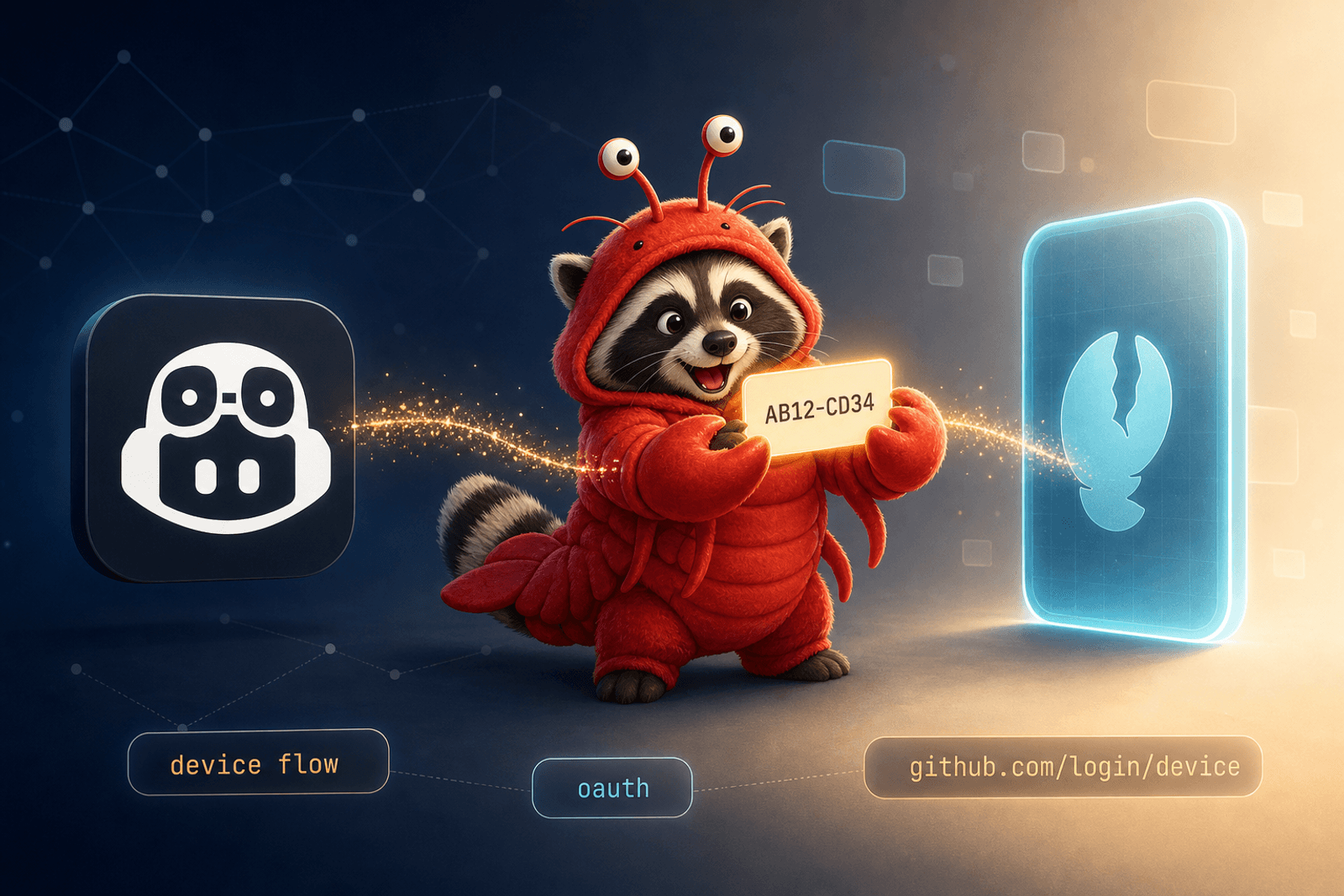 Cartoon raccoon mascot in an oversized red plush lobster costume holding up a glowing card with a one-time device code, with golden OAuth particles flowing from a GitHub Copilot helmet silhouette on the left into an OpenClaw gateway icon on the right.