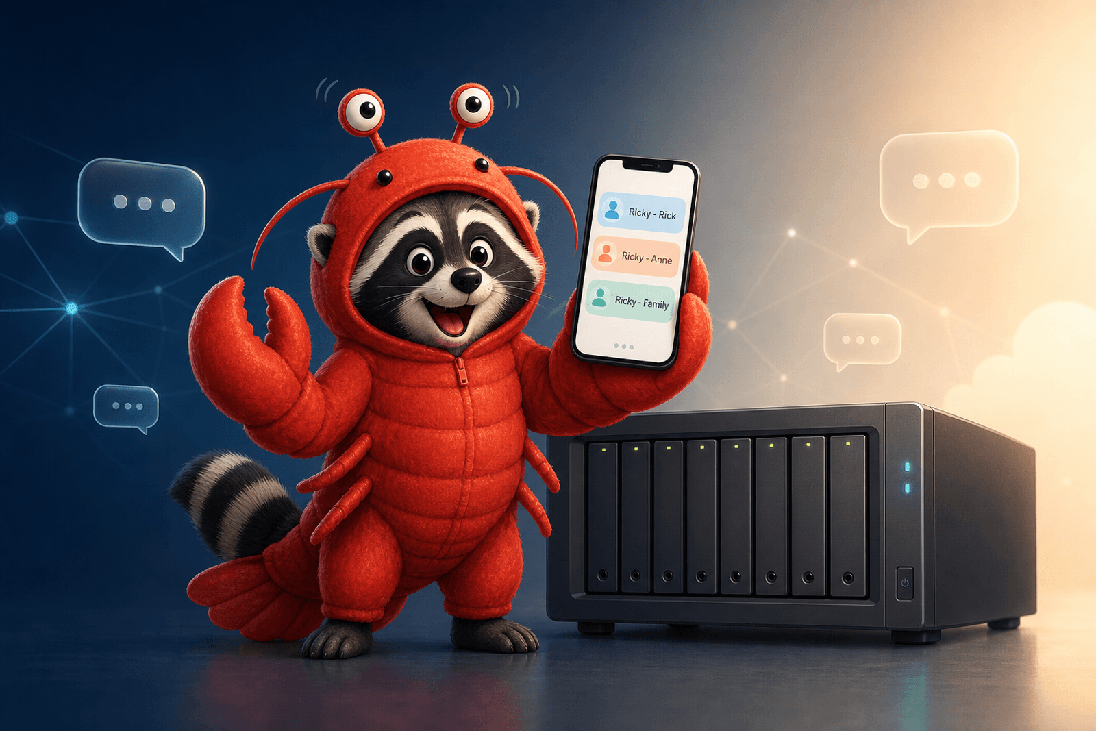 Cartoon raccoon mascot wearing an oversized red plush lobster costume — fuzzy red body, two big foam claws — standing in front of a Synology NAS, holding up a phone with three pastel chat bubbles labeled 'Ricky - Rick', 'Ricky - Anne', and 'Ricky - Family'.