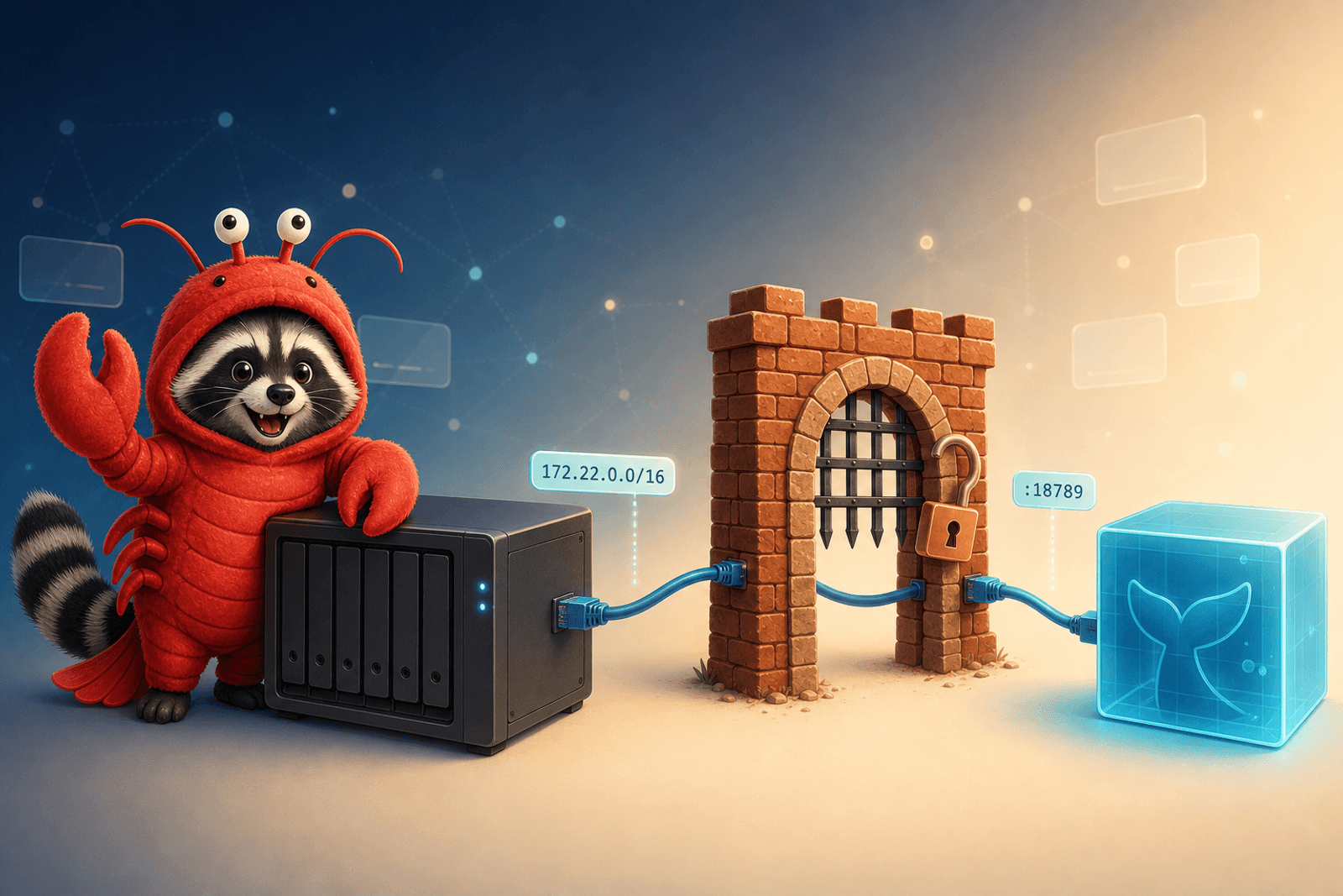 Cartoon raccoon standing on a Synology NAS, holding a glowing ethernet cable that passes through an open gate in a firewall and plugs into a translucent Docker container cube.