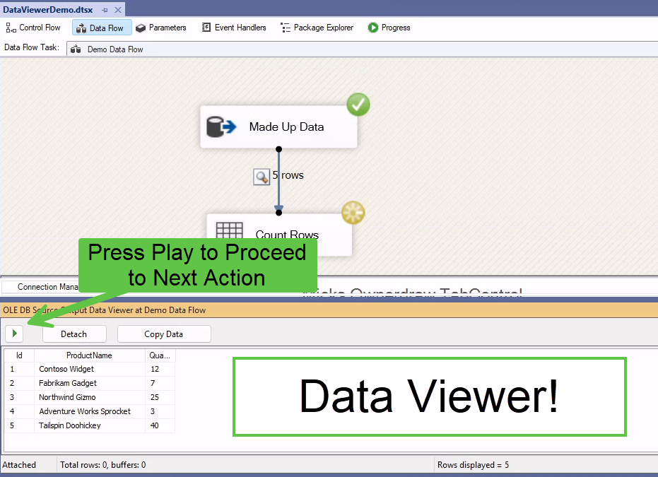 The SSIS Data Viewer grid showing the actual rows paused at the path