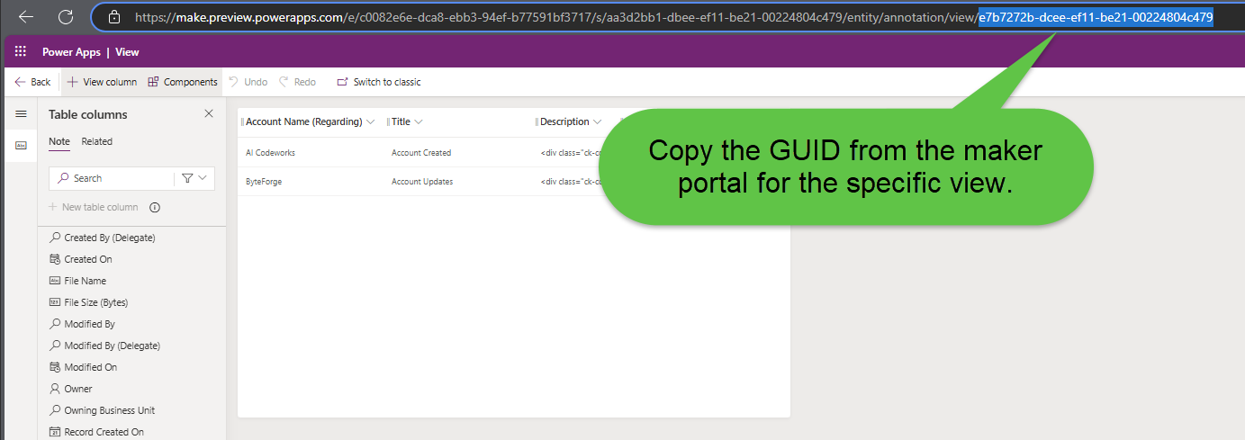 Copy view guid