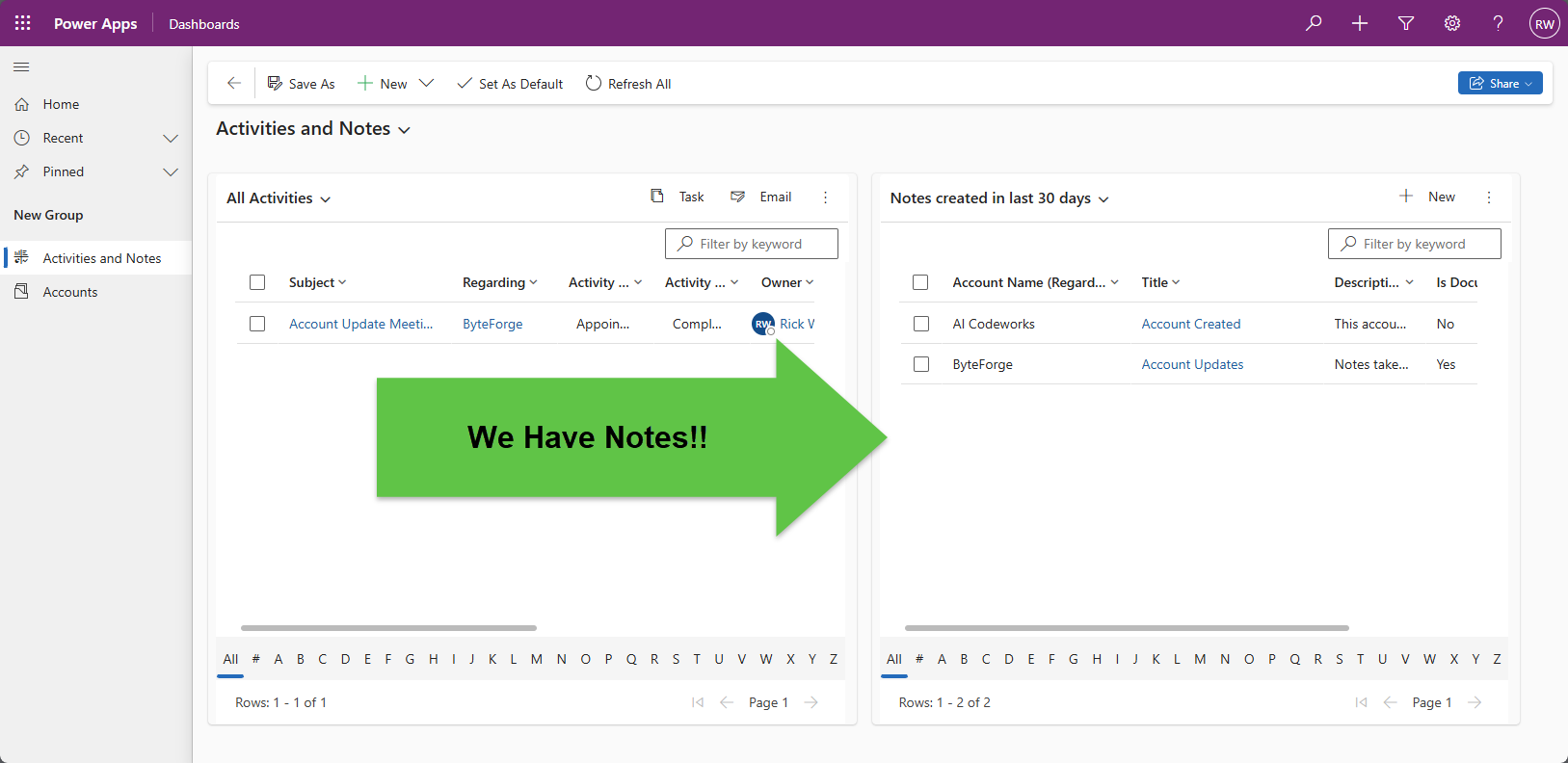 Notes list now in dashboard