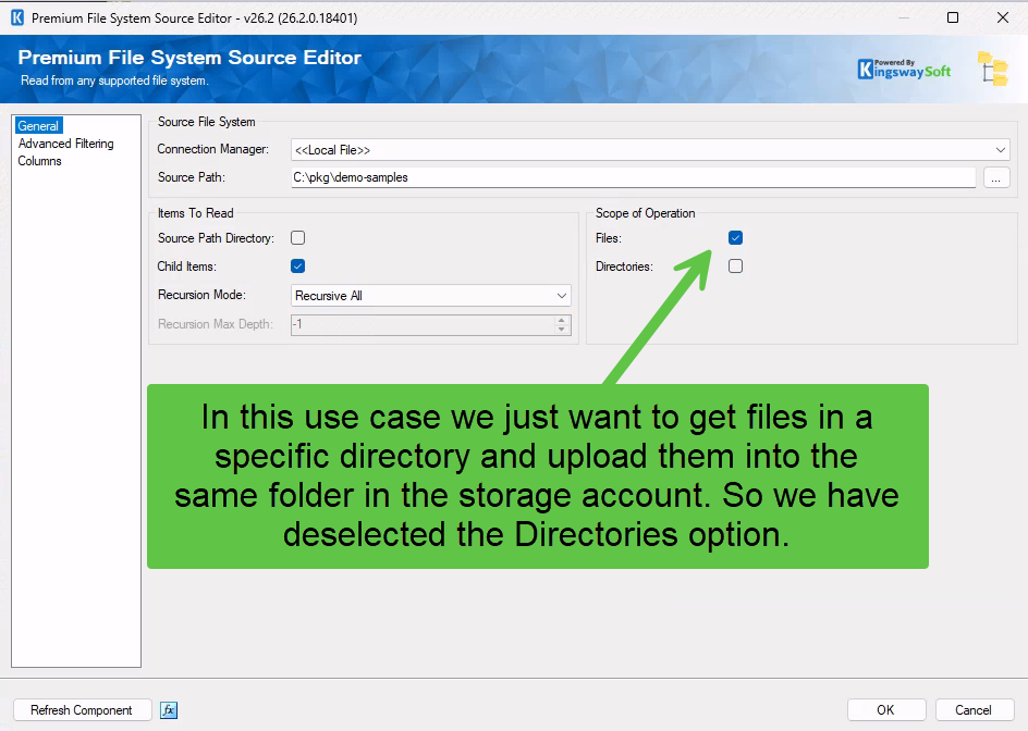 Premium File System Source General page reading files from a local folder