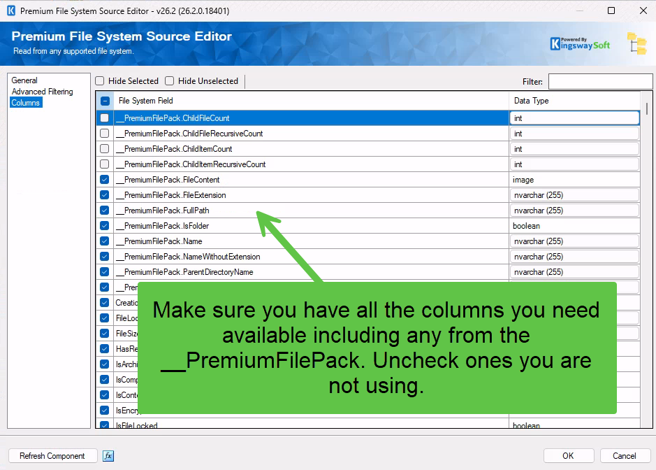 Columns page showing FileContent and the other emitted fields