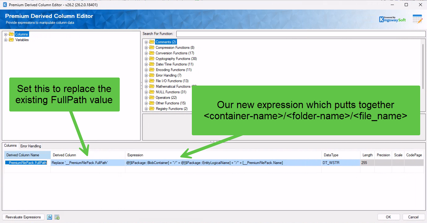 Premium Derived Column replacing __PremiumFilePack.FullPath with the container/folder/file expression