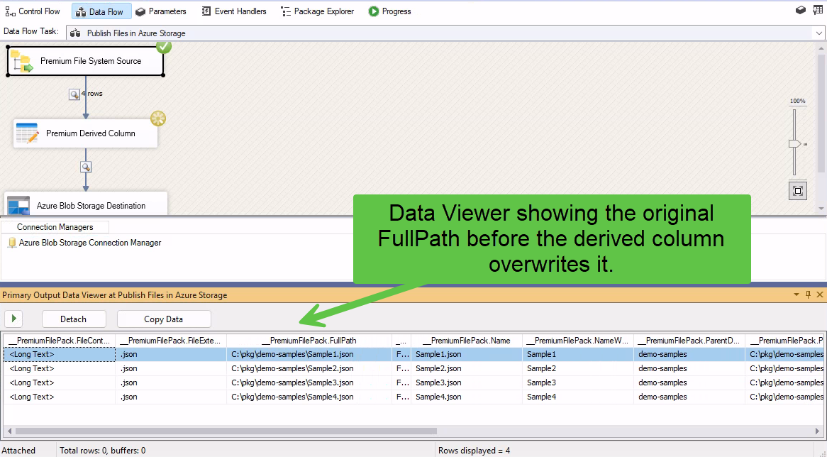 Data Viewer showing the original local FullPath before the derived column