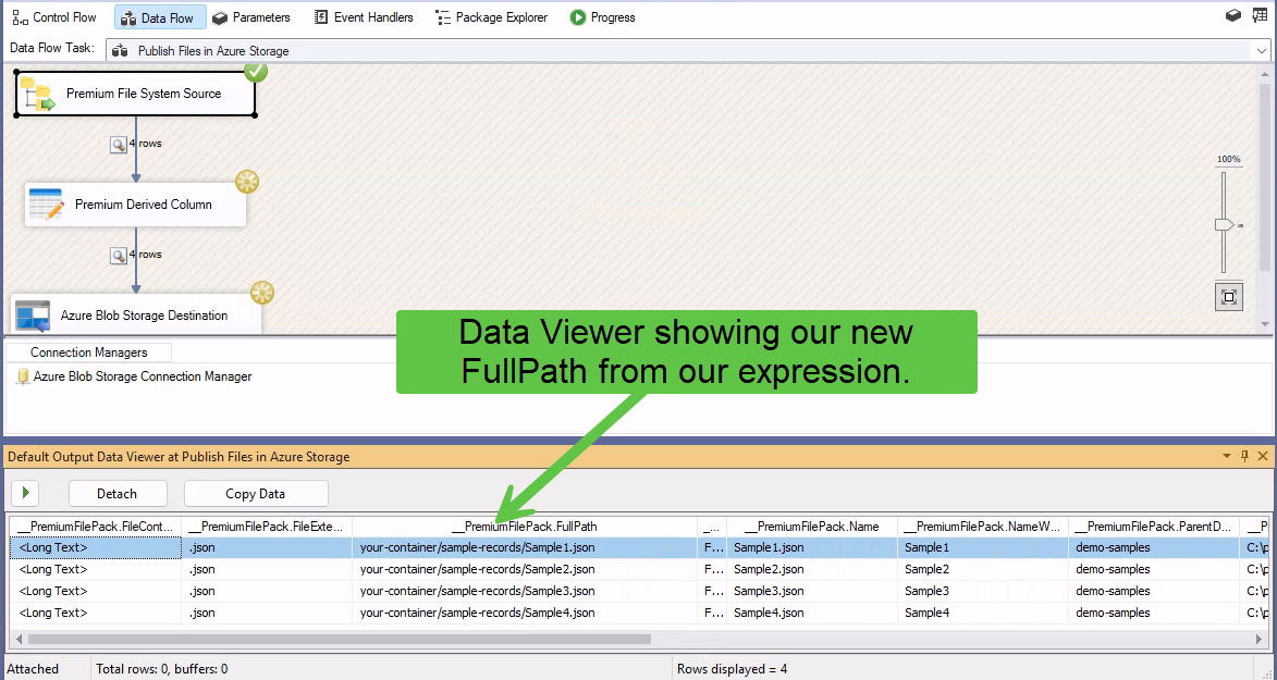 Data Viewer showing the new container/folder/file FullPath after the derived column