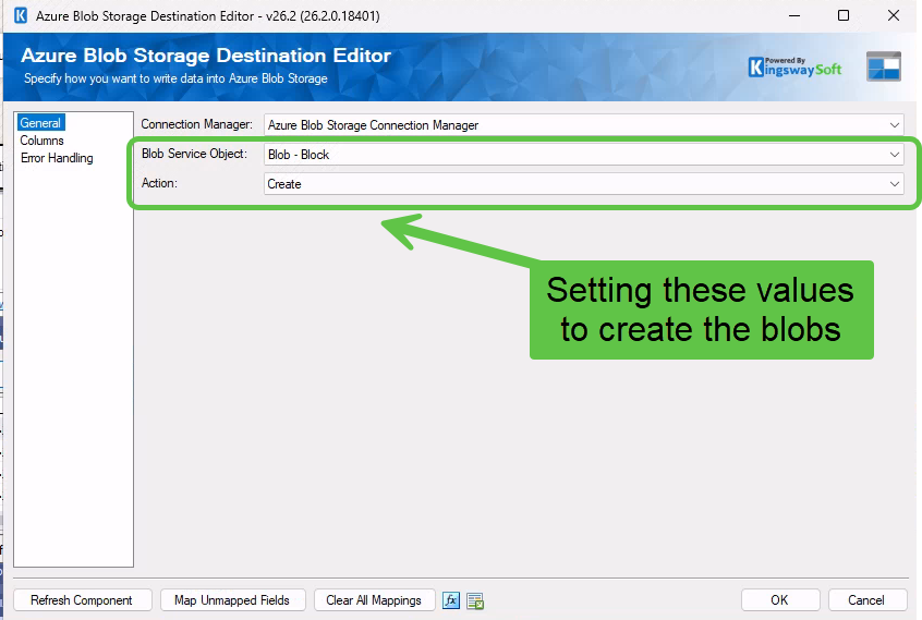 Azure Blob Storage Destination General page set to Blob - Block and Create