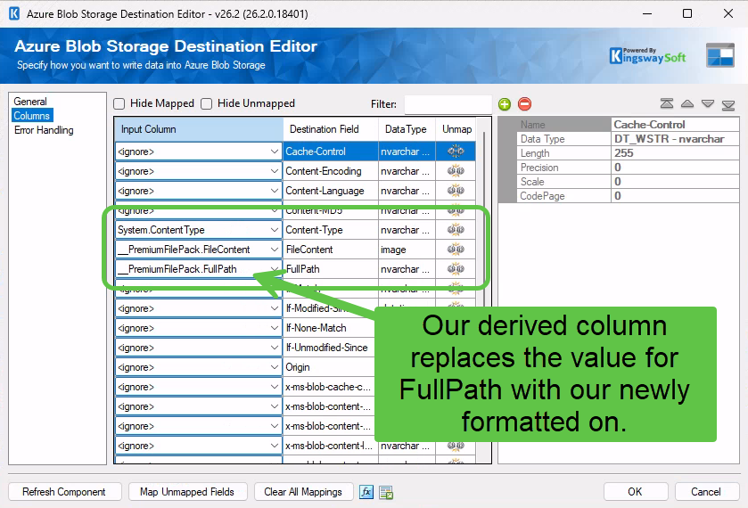 Azure Blob Storage Destination Columns page mapping FullPath, FileContent, and Content-Type