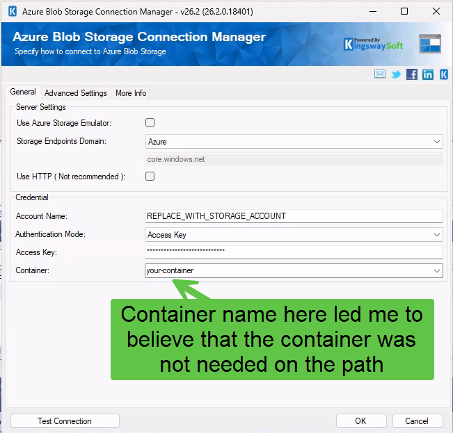 Azure Blob Storage Connection Manager General page with a Container field filled in
