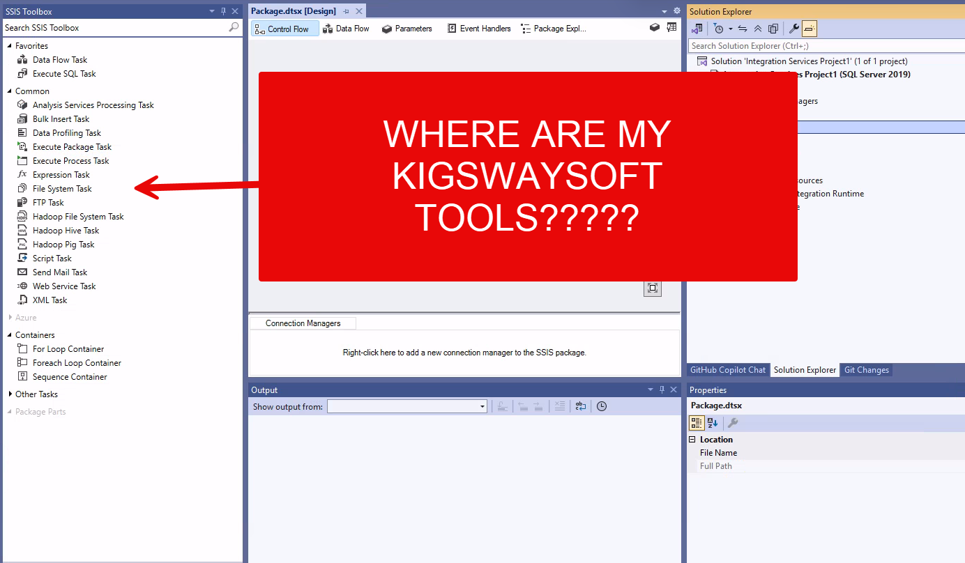 SSIS Toolbox showing only native tasks with no KingswaySoft components