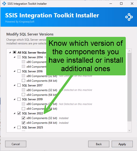 SSIS Integration Toolkit Installer showing which SQL Server versions have components installed