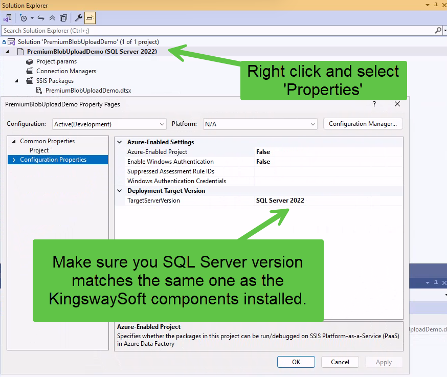 Project property pages with TargetServerVersion set to SQL Server 2022