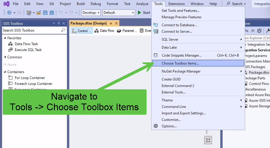 Visual Studio Tools menu with Choose Toolbox Items highlighted
