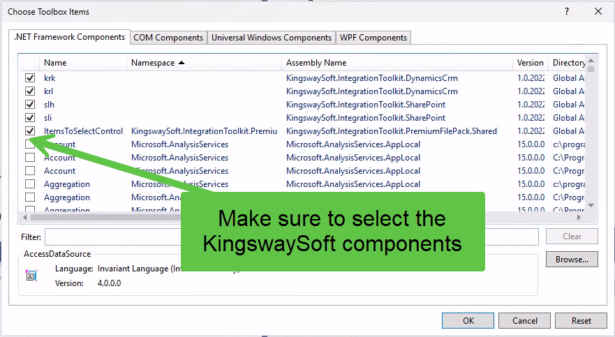 Choose Toolbox Items dialog with the KingswaySoft components selected